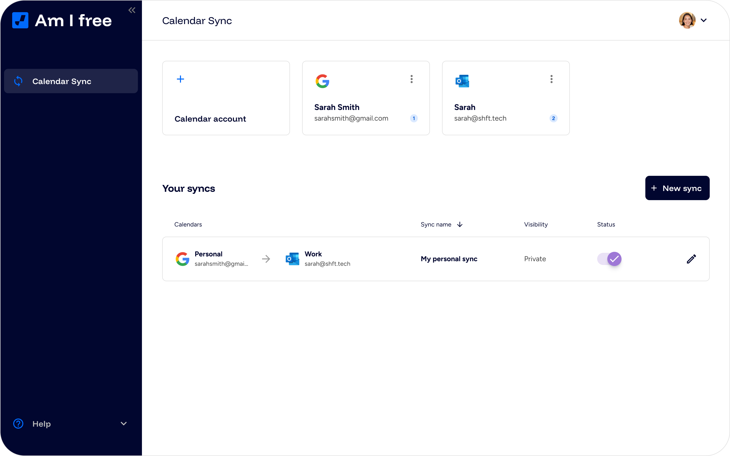 Google and Microsoft calendar accounts connected in Am I Free.