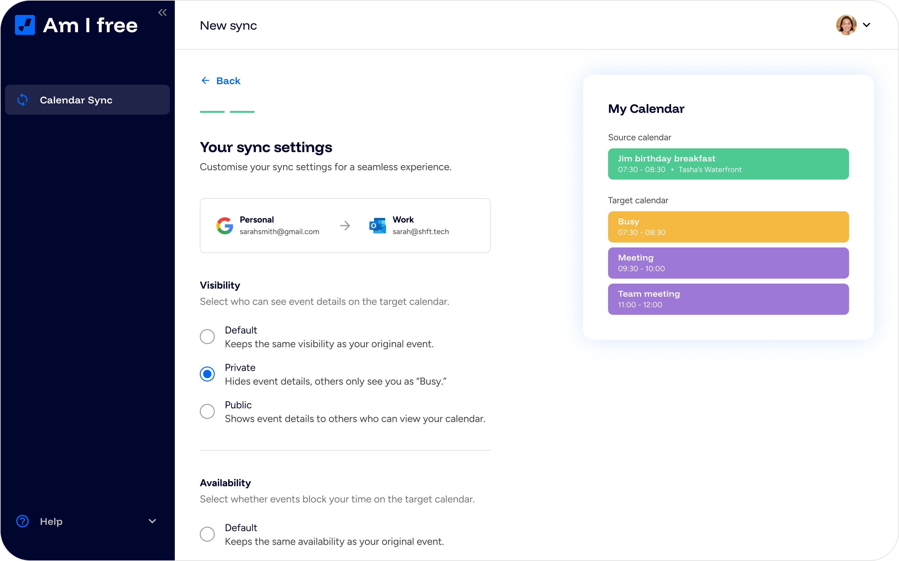 Setting preferences for an Outlook and Google Calendar sync.