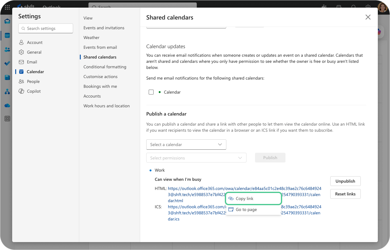 Publishing your Outlook calendar in Outlook on the web