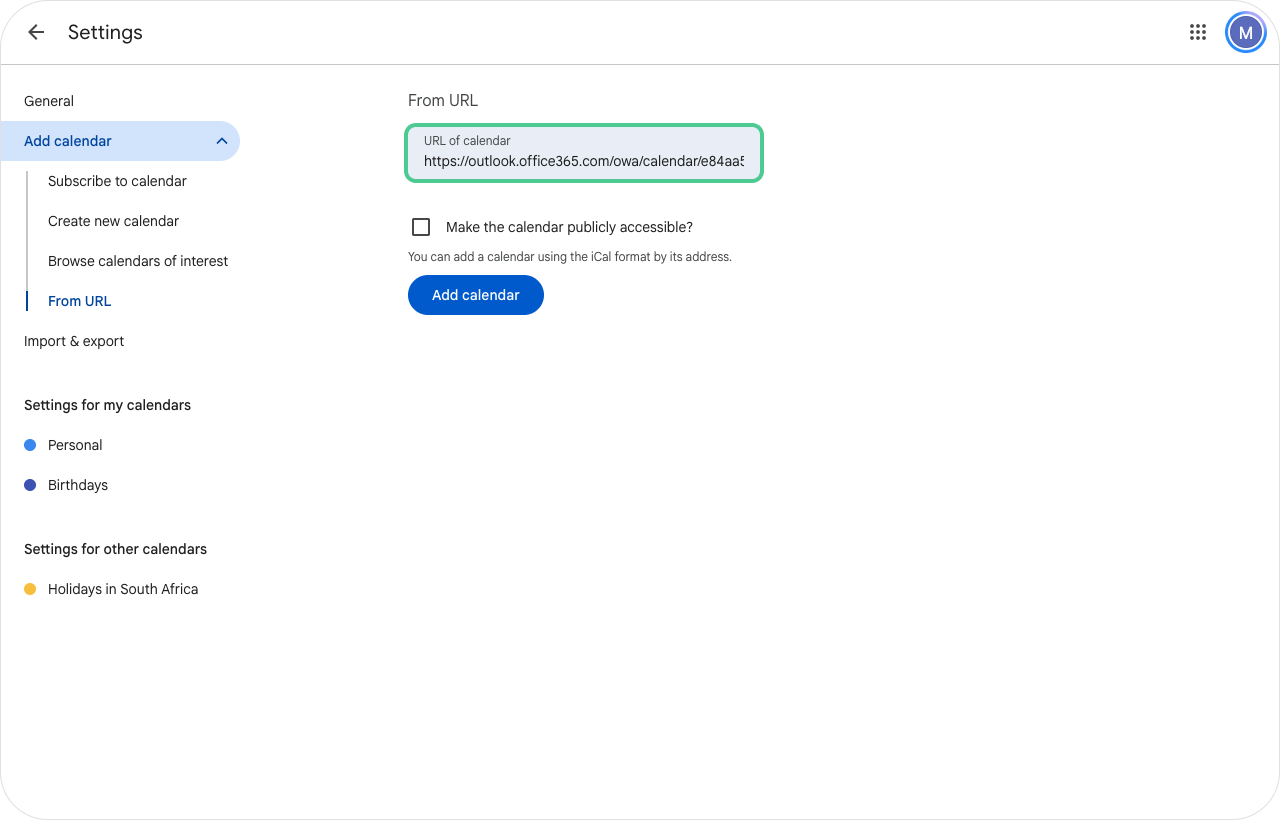 Adding a published Outlook calendar to Google Calendar using an ICS URL