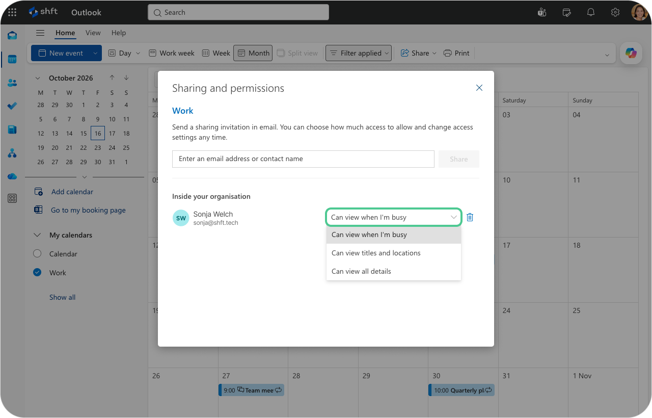 Changing sharing permissions for an Outlook calendar